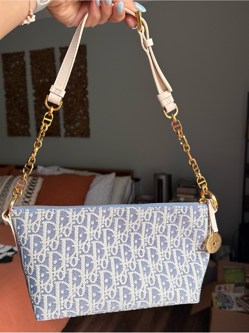 Monogram-Pattern Blue Jacquard Shoulder Bag with Cream Strap